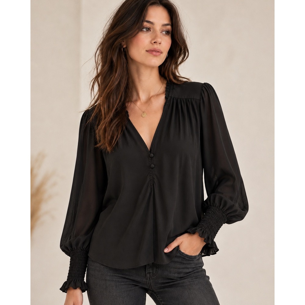 Aqua V-Neck Blouse Small Black Smocked Cuff Ruffle Button Front Office Chic
